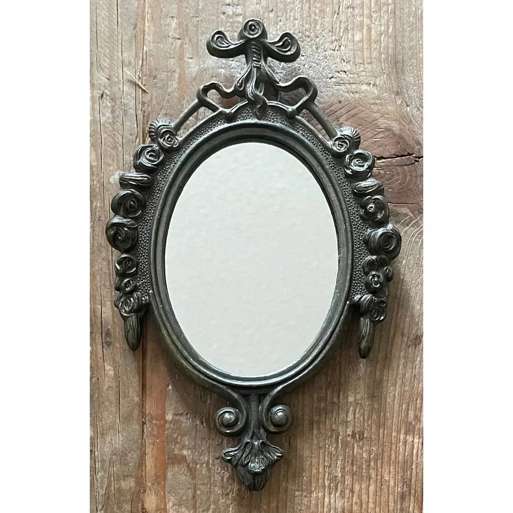 Pair Vintage Italian Brass Ornate Oval Mirror & Floral Print Wall Decor